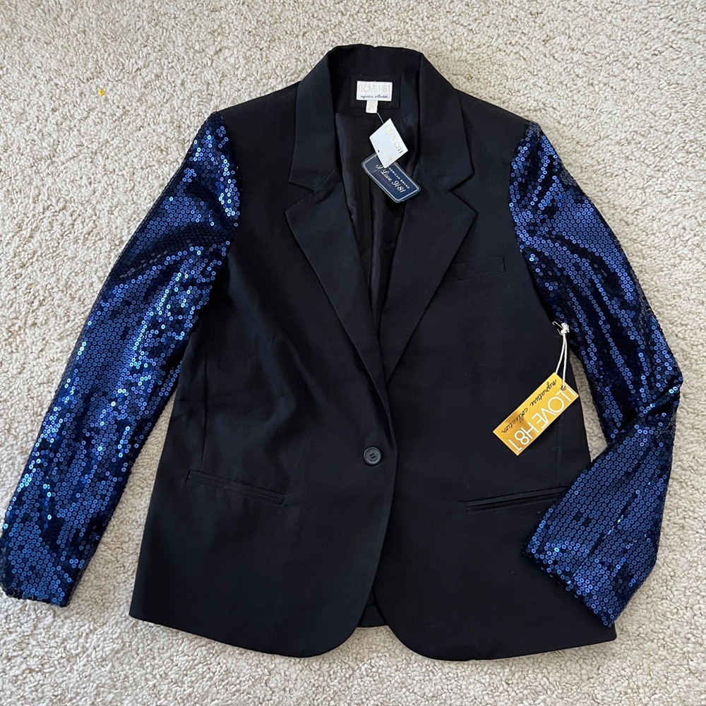 New Forever 21 sequin blazer coat jacket sleeve black blue party love h81 medium